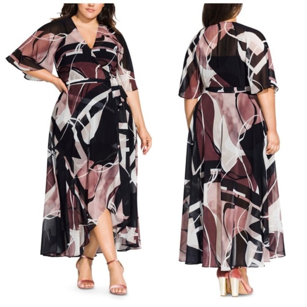 City Chic Sahara Wrap Maxi Dress Plus Sz 24 XXL Shiffon Slip Geometric High Low